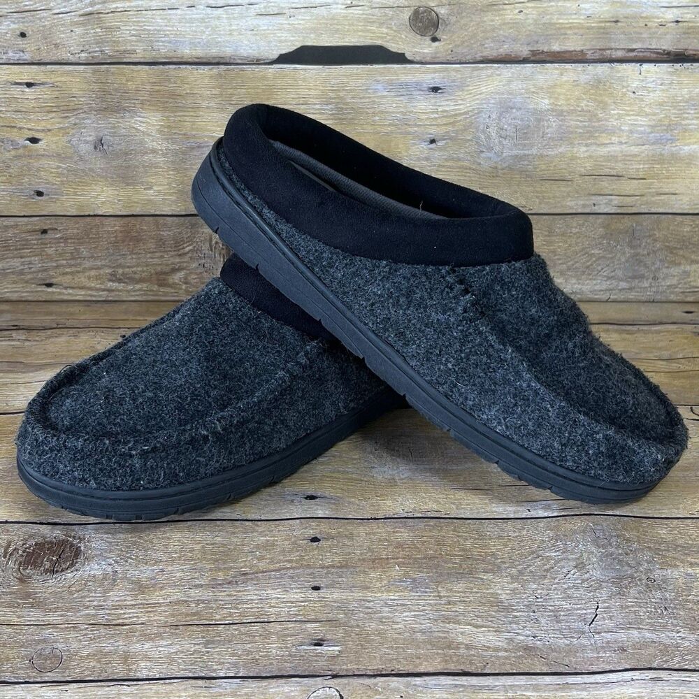 EZ Feet Sz 9/10 Mens Charcoal Gray Moccasin  Slippers Black Trim Rubber Sole